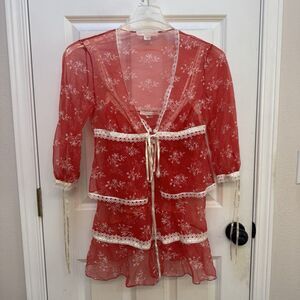 Victoria's Secret Y2K Babydoll And Coverup Top Red Lace Lingerie Set Women Small